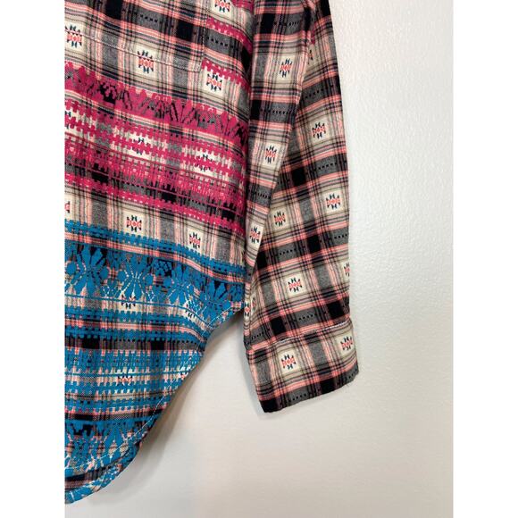 Roller Rabbit Brown Pockets Flannel Top Shirt Aztec Plaid Batik IKAT XS - Picture 7 of 12
